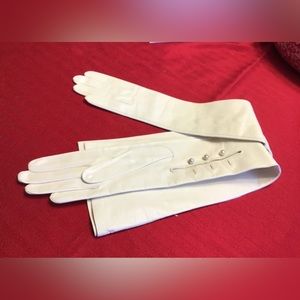 Long white kid Kay Fuchs opera gloves with pearl buttons